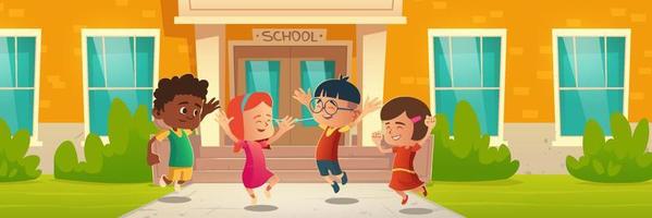 Happy children in front of school building vector