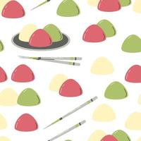 Mochi meal seamless pattern. Popular oriental sweet treats food with hashi chopsticks surface design. Asian dessert three-color rice buns hand drawn flat vector illustration isolated on white