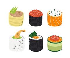 Colección de diferentes rollos de sushi aislado sobre fondo blanco. comida asiática popular con arroz y mariscos. delicioso plato oriental. ilustración de vector plano dibujado a mano relacionado con la cocina japonesa tradicional