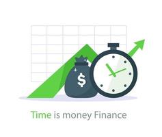 Income growth graph, money bag and clock face, return on investment chart, budget planning, time is money concept vector