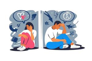 Couple of woman and men, sitting back to back, sad and angry on each other. Breaking up, relationship issues, broken heart, separating. Vector illustration.