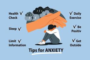 Tips for anxiety management infographic. Woman with anxiety, mood disorder and useful advice. Vector illustration.