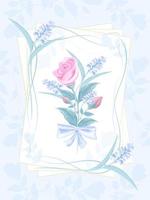 Vintage greeting card with blooming flower buds. Bouquet of roses, wildflowers with a blue bow in the center of the card. Located in a frame on a decorated background of transparent leaves