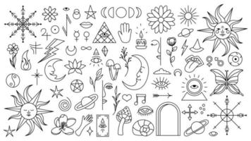 Magic background in retro style with hand drawn elements. Decorative mystical vector isolated pattern. editable stroke stickers. Esoteric element in minimalism. Collection of occult symbols tattoo art