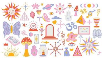 Magic background groovy in retro trend style with clipart elements. mystical vector isolated pattern. editable stroke clipart stickers. Esoteric element witchcraft. Collection of occult symbols y2k
