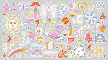 Magic background groovy in retro trend style with clipart elements. Decorative mystical vector isolated pattern. clipart stickers. Esoteric element witchcraft. Collection of occult symbols y2k