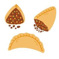 empanadas en estilo plano de dibujos animados. ilustración vectorial dibujada a mano de comida tradicional latinoamericana, cocina popular vector