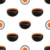 Seamless pattern with sushi and soy sauce. Hand drawn vector background with traditional Japanese cuisine