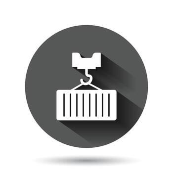 icono de contenedor en estilo plano. ilustración de vector de carga de entrega sobre fondo redondo negro con efecto de sombra larga. concepto de negocio de botón de círculo de caja de carga.