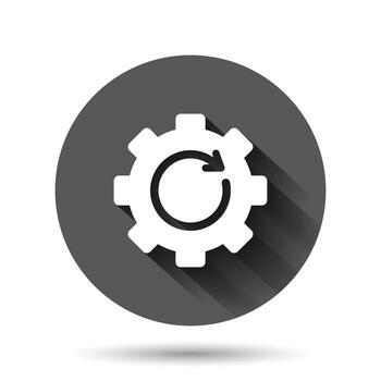 Recovery gear icon in flat style. Repeat vector illustration on black round background with long shadow effect. Rotation circle button business concept.