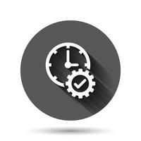 Check mark on clock icon in flat style. Gear with time vector illustration on black round background with long shadow effect. Production circle button business concept.