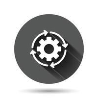 Workflow icon in flat style. Gear effective vector illustration on black round background with long shadow effect. Process organization circle button business concept.