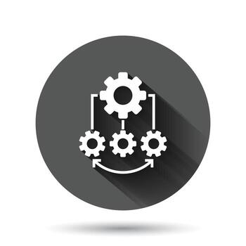 Improvement icon in flat style. Gear project vector illustration on black round background with long shadow effect. Productivity circle button business concept.
