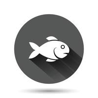 Fish icon in flat style. Seafood vector illustration on black round background with long shadow effect. Sea animal circle button business concept.