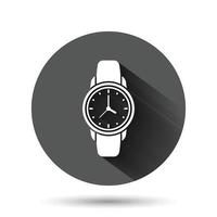 icono de reloj de pulsera en estilo plano. ilustración de vector de reloj de mano sobre fondo redondo negro con efecto de sombra larga. concepto de negocio de botón de círculo de pulsera de tiempo.