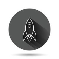 icono de cohete en estilo plano. ilustración de vector de lanzamiento de nave espacial sobre fondo redondo negro con efecto de sombra larga. concepto de negocio de botón de círculo de sputnik.