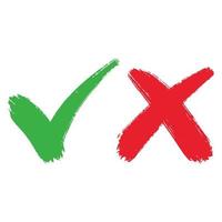 Hand drawn of Green check mark and Red cross isolated. Right and wrong icon. Vector illustration.