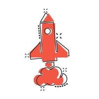 Rocket icon in comic style. Spaceship launch cartoon vector illustration on white isolated background. Sputnik splash effect business concept.