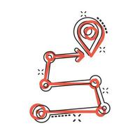 Map pin icon in comic style. GPS navigation cartoon vector illustration on white isolated background. Locate position splash effect business concept.