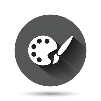 Paint brush icon in flat style. Palette vector illustration on black round background with long shadow effect. Painter instrument circle button business concept.