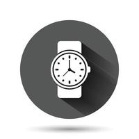 icono de reloj de pulsera en estilo plano. ilustración de vector de reloj de mano sobre fondo redondo negro con efecto de sombra larga. concepto de negocio de botón de círculo de pulsera de tiempo.