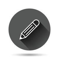 Pencil icon in flat style. Pen vector illustration on black round background with long shadow effect. Drawing circle button business concept.