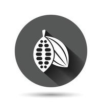 icono de grano de cacao en estilo plano. ilustración de vector de crema de chocolate sobre fondo redondo negro con efecto de sombra larga. concepto de negocio de botón de círculo de planta de nuez.