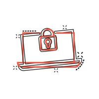 Locker computer icon in comic style. Padlock laptop cartoon vector illustration on white isolated background. Key unlock splash effect business concept.