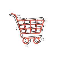 Shopping cart icon in comic style. Trolley cartoon vector illustration on white isolated background. Basket splash effect business concept.