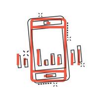 Phone diagram icon in comic style. Smartphone growth statistic cartoon vector illustration on white isolated background. Gadget analytics splash effect business concept.