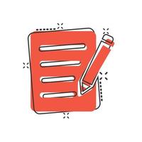 icono de blogs en estilo cómico. documento con ilustración de vector de dibujos animados de pluma sobre fondo blanco aislado. concepto de negocio de efecto de salpicadura de contenido.