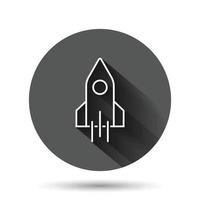 Rocket icon in flat style. Spaceship launch vector illustration on black round background with long shadow effect. Sputnik circle button business concept.