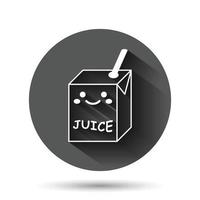 Cute juice icon in flat style. Kawaii drink vector illustration on black round background with long shadow effect. Cartoon funny container circle button business concept.