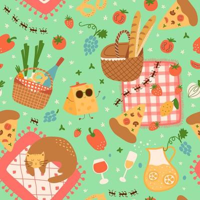 Summer picnic background. Picnic seamless pattern, picnic basket, red blanket with cat, garden outdoor leisure print, food, bottle of wine lemonade, tomatoes cheese pizza Summer vector illustration.