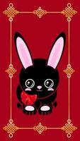 lindo conejo negro. feliz año nuevo año nuevo chino fondo de oro rojo el nudo chino es un símbolo de felicidad y buena suerte. orientacion vertical vector