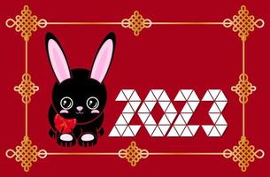 Cute black rabbit. Happy New Year, Chinese New Year red gold background Chinese knot is a symbol of happiness and good luck. horizontal orientation vector