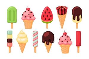 Set of tasty ice creams. Sweet summer delicacy sundaes,gelatos with different tasties,collection isolated ice-cream cones and popsicle with different topping.Melting ice cream balls in the waffle cone vector