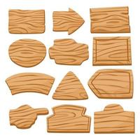 Set of various wooden board plank signboards and direction arrows. Natural texture. Signs with place for your messages. Mobile game assets vector
