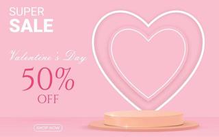 Realistic 3D pink and white pedestal podium in heart shape. Minimal scene for valentine product display presentation vector