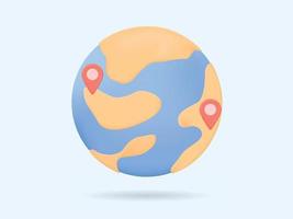 Planet Earth with red pointers 3d vector icon. World traveling or GPS navigation concept