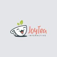 logotipo de té feliz con cara feliz en vidrio que refleja la alegría de beber té vector