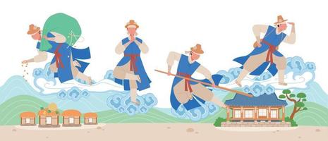 An old Korean hero story. Various movements of Hong Gil dong character doing Taoist magic. vector