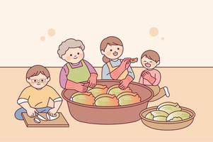 Día del kimjang en corea. la familia está haciendo kimchi juntos. el niño está probando kimchi. vector