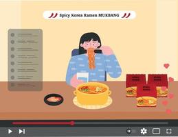 An influencer is doing a spicy ramen mukbang. Broadcast streaming screen concept. flat vector illustration.