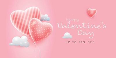 Globo de corazones 3d con nubes. plantilla de banner de feliz día de san valentín vector