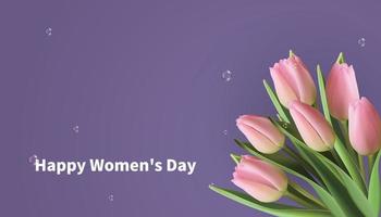 8 March Women's Day greeting card with pink realistic tulip flowers on purple background for women related events and holidays vector