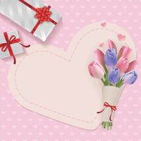 Pink card with a bouquet of tulips, gifts and hearts vector