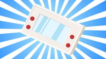 Retro portable video game console old vintage hipster for geeks from 70s, 80s, 90s on blue rays background. Video in high quality 4k, motion design