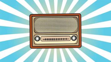 rádio de música de áudio retrô velho hipster vintage para geeks dos anos 70, 80, 90 em fundo de raios azuis. vídeo em 4k de alta qualidade, design de movimento video