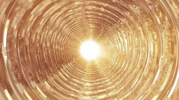 A rotating golden metallic shiny tunnel with walls of ribs and lines in the form of a circle with reflections of luminous rays. Abstract background. Video in high quality 4k, motion design